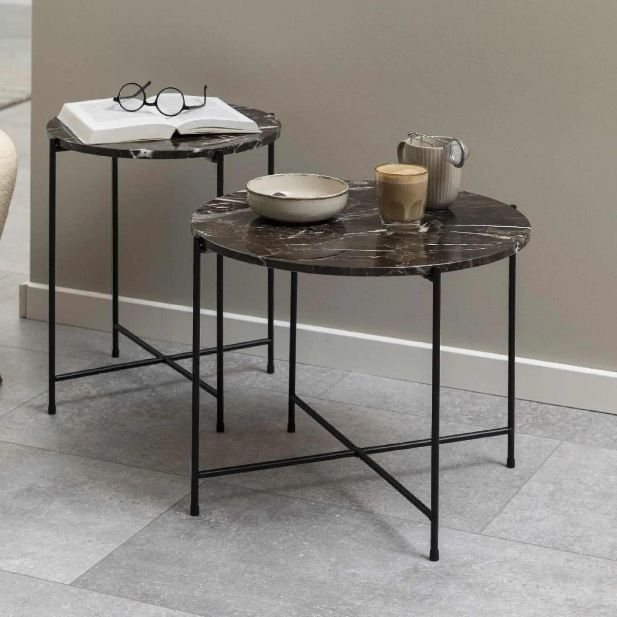 Avila Round Side Table - Brown, Marble