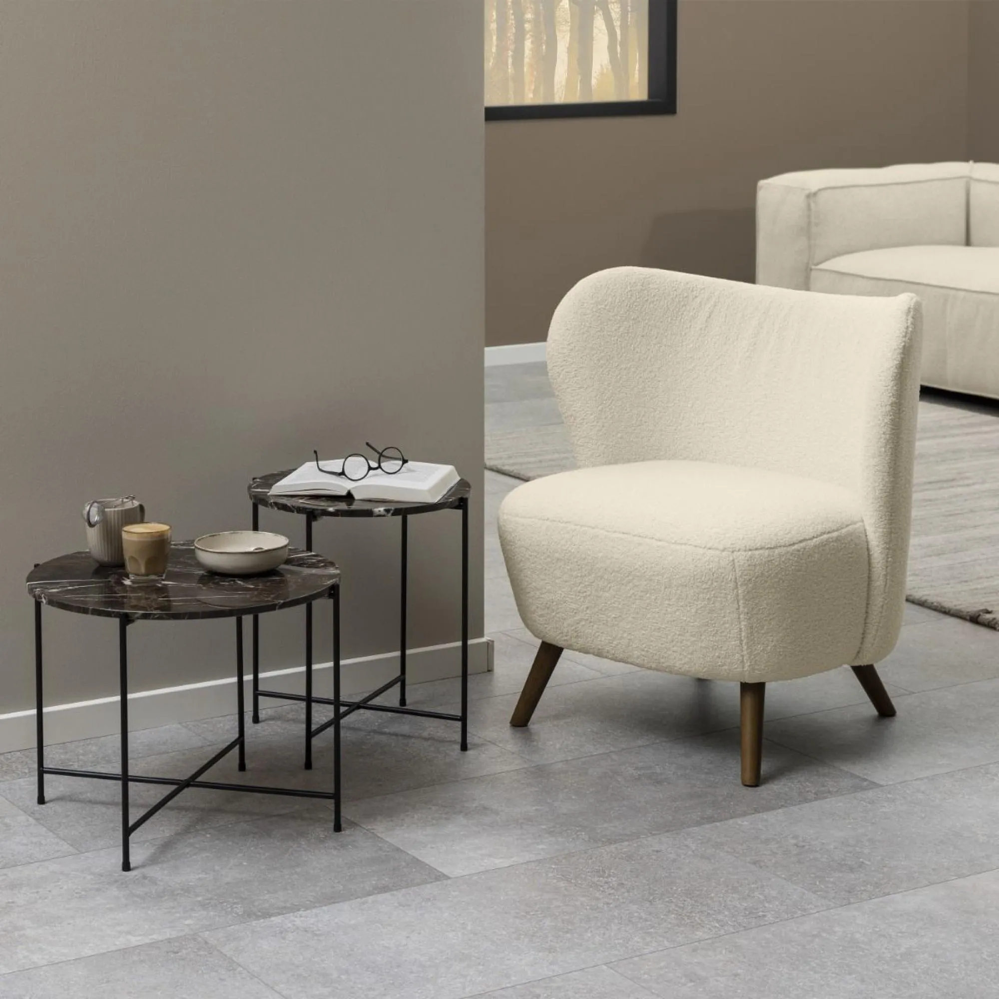 Avila Round Side Table - Brown, Marble Stone