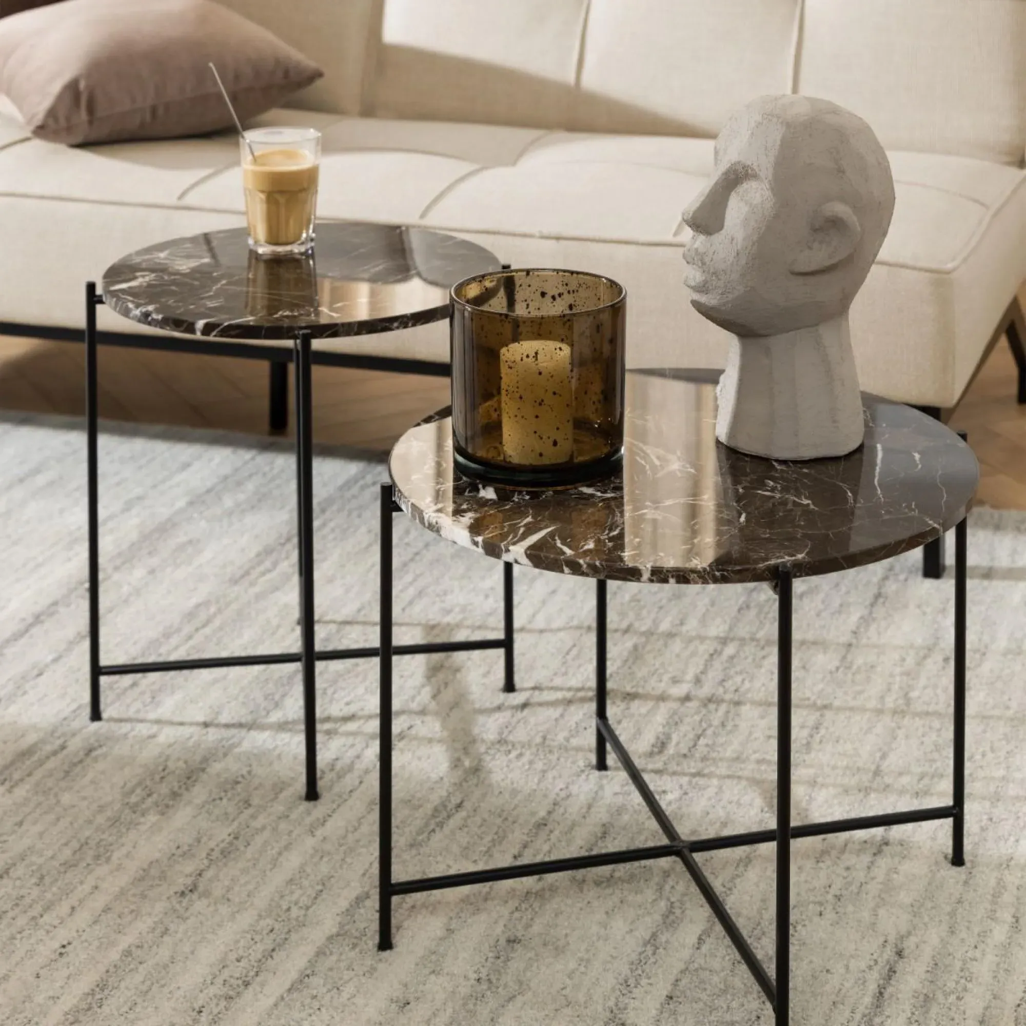 Avila Round Side Table - Brown, Marble Stone