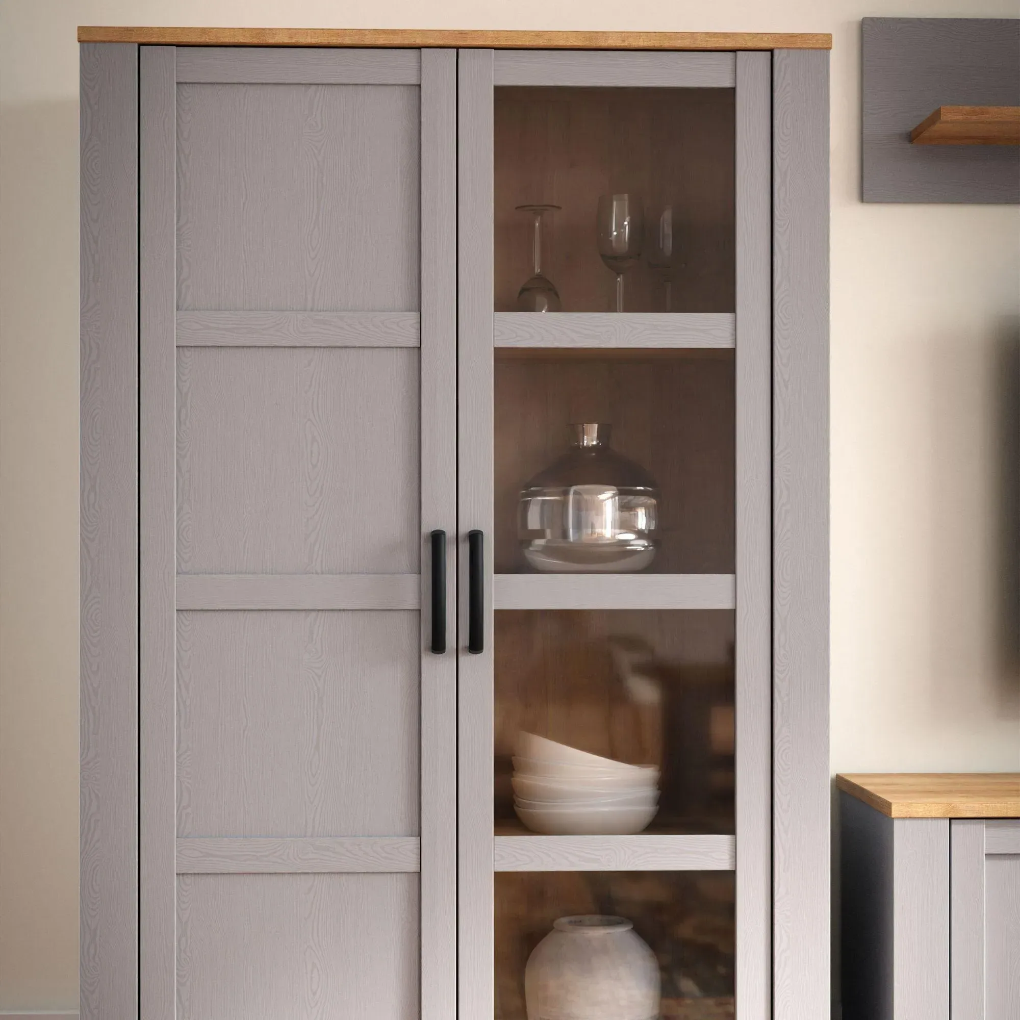 Bohol 2 Door Display Cabinet - Grey, Riviera Oak