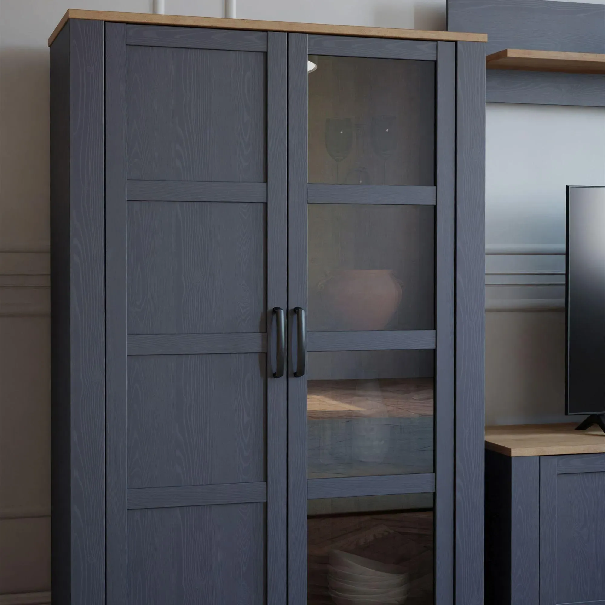 Bohol 2 Door Display Cabinet - Navy, Riviera Oak