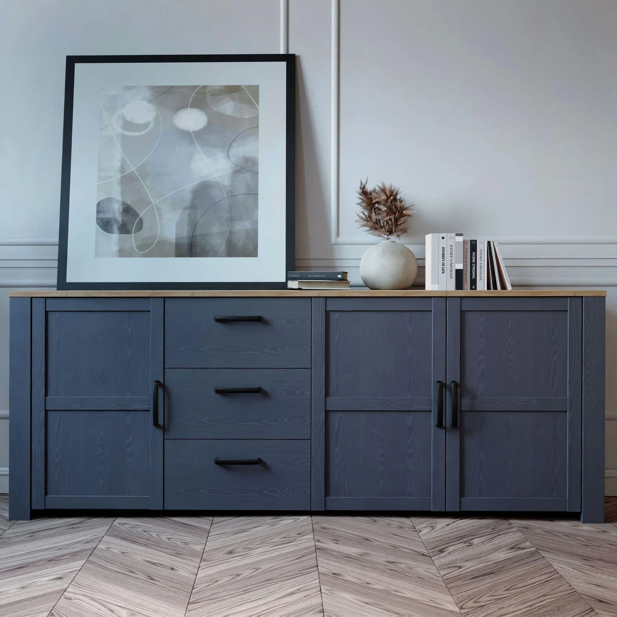 Bohol 3-Door Extra Large Sideboard - Navy, Riviera Oak