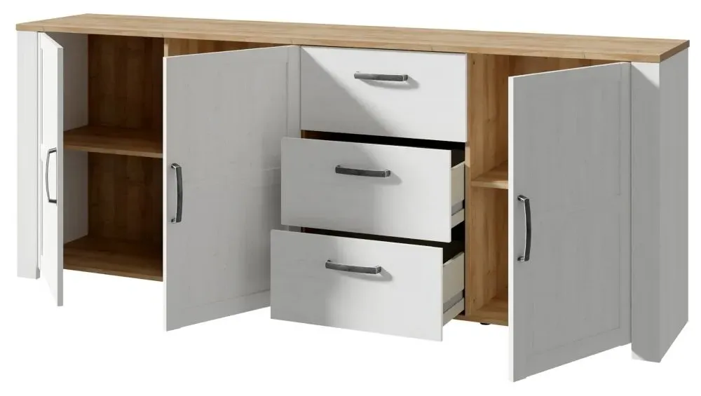 Bohol 3-Door Extra Large Sideboard - White, Riviera Oak