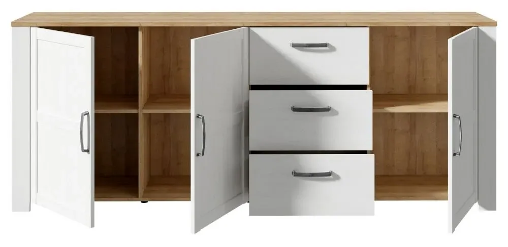 Bohol 3-Door Extra Large Sideboard - White, Riviera Oak