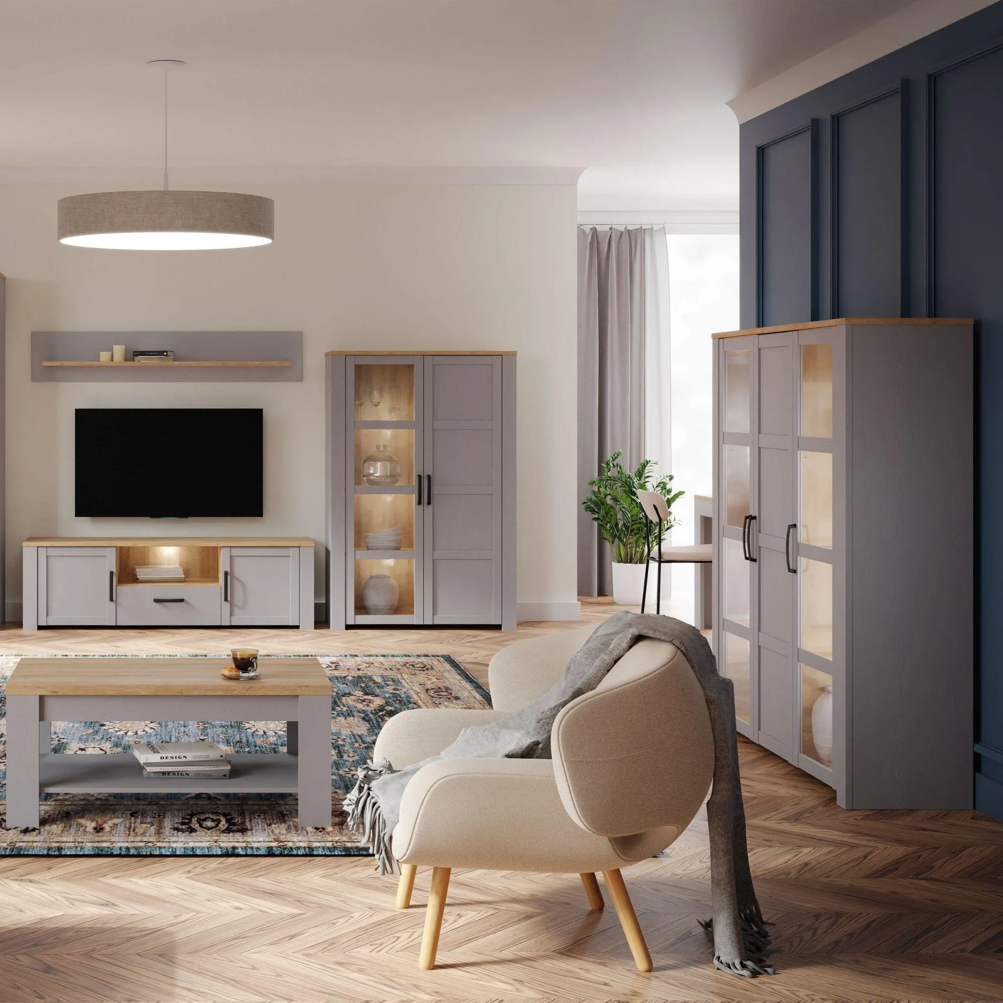 Bohol 3 Door Large Display Cabinet - Grey Oak, Riviera Oak