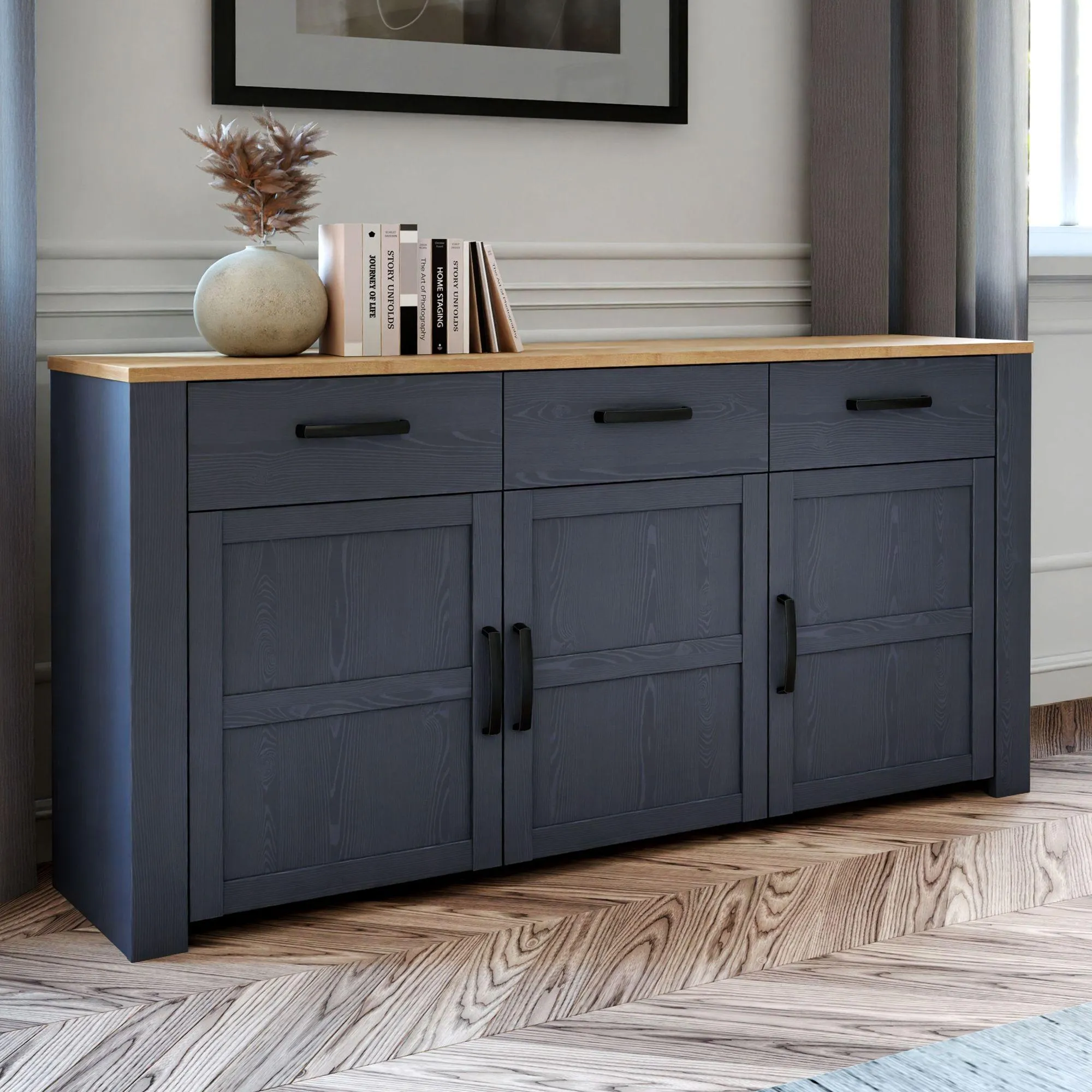 Bohol 3 Door Medium Sideboard - Blue, Oak