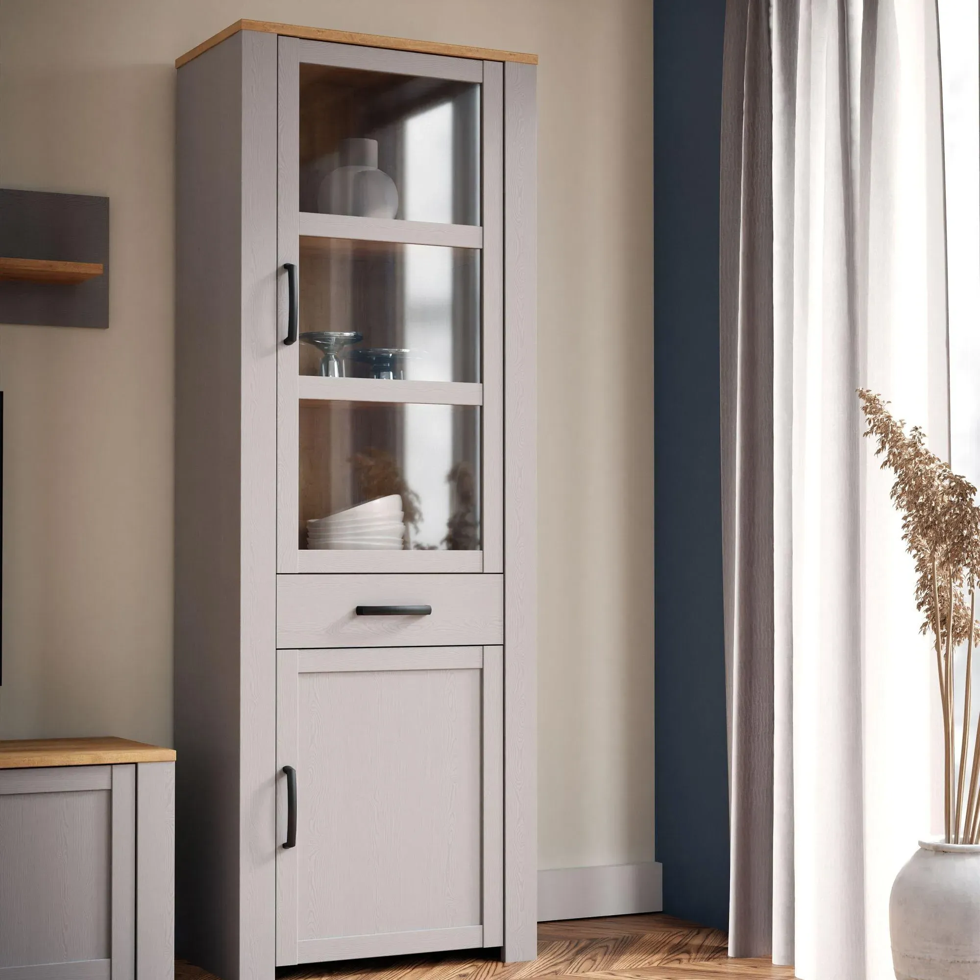 Bohol Narrow Display Cabinet - Grey Oak, Riviera Oak
