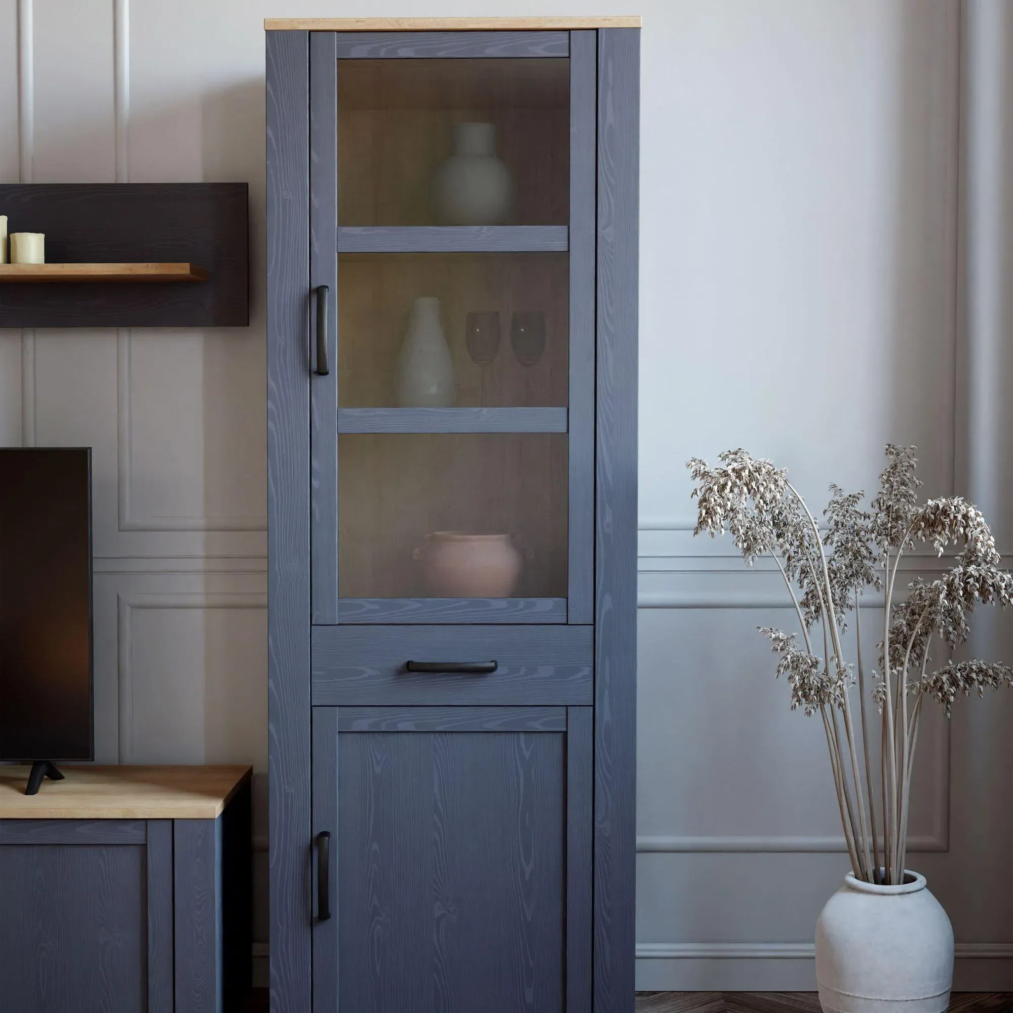 Bohol Narrow Display Cabinet - Navy, Riviera Oak