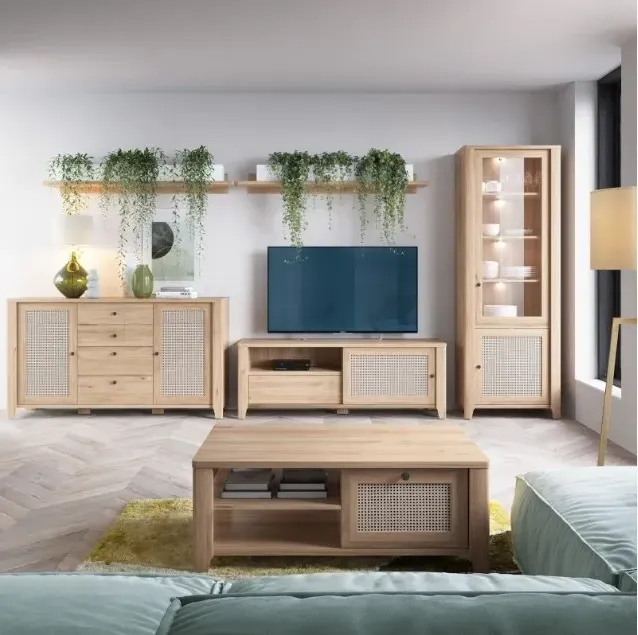 Cestino 2 Door TV Unit - Oak, Rattan Effect