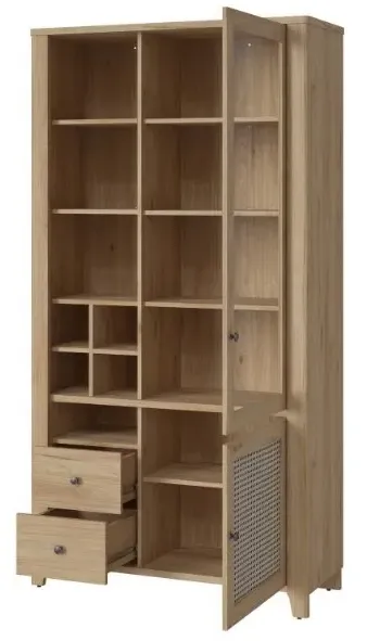 Cestino 2 Door Wide Display Cabinet - Oak, Rattan Effect