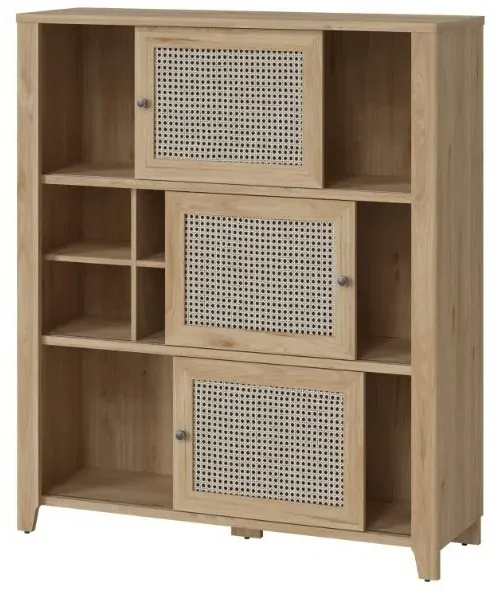 Cestino 3 Door Low Cabinet - Oak, Rattan Effect