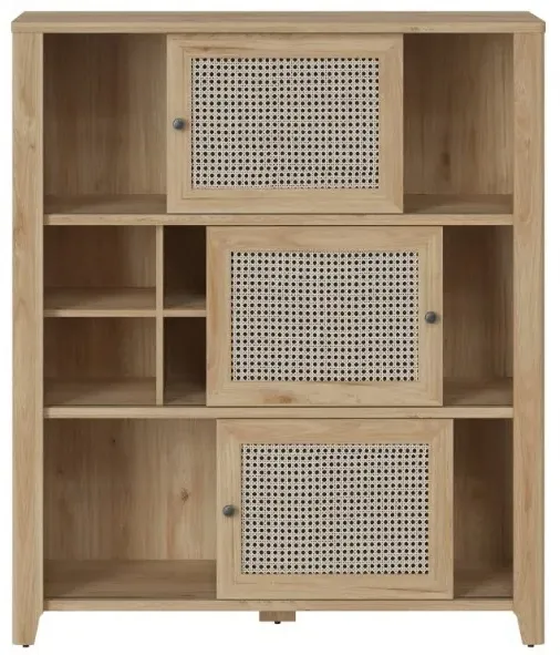 Cestino 3 Door Low Cabinet - Oak, Rattan Effect