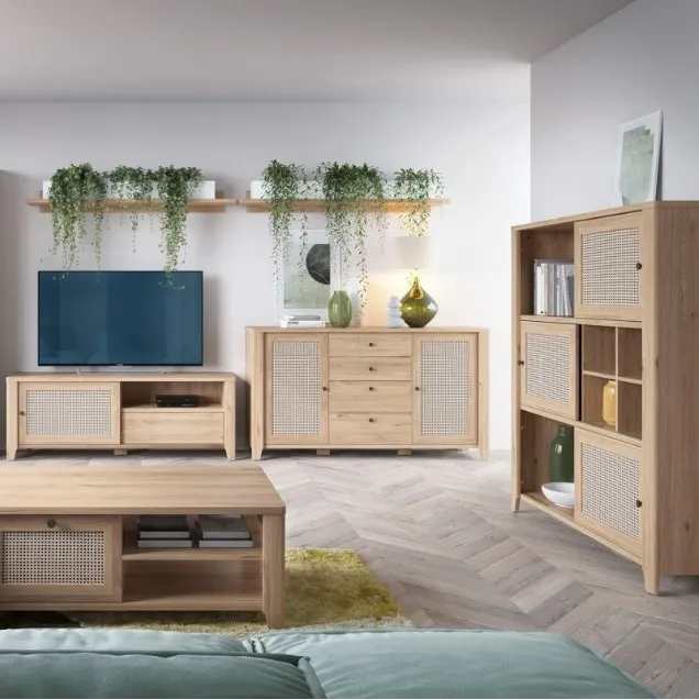 Cestino 3 Door Low Cabinet - Oak, Rattan Effect