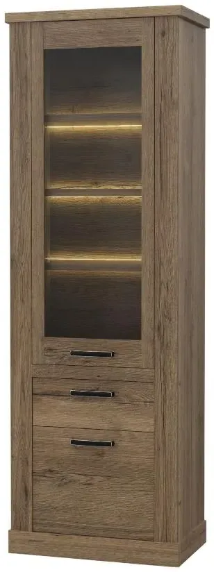 Corona Narrow Display Cabinet with Drawer - Tabak Oak