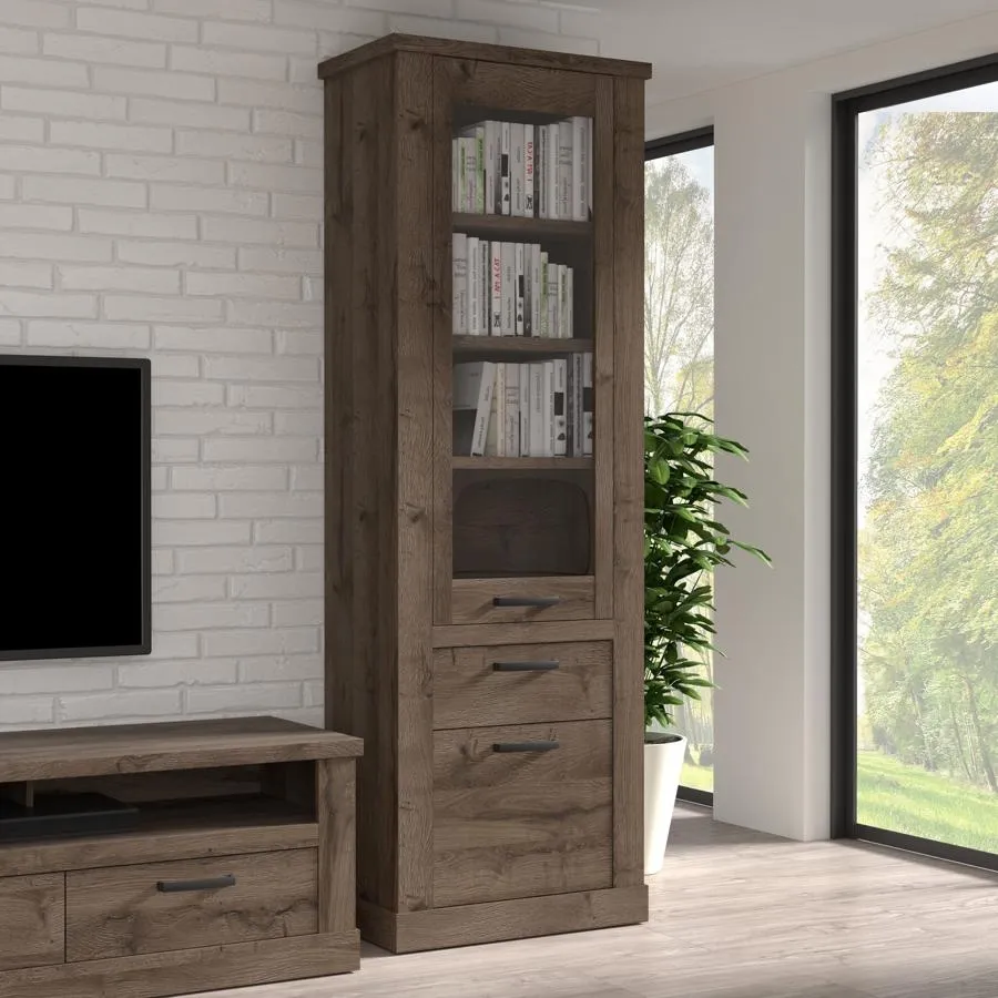 Corona Narrow Display Cabinet with Drawer - Tabak Oak