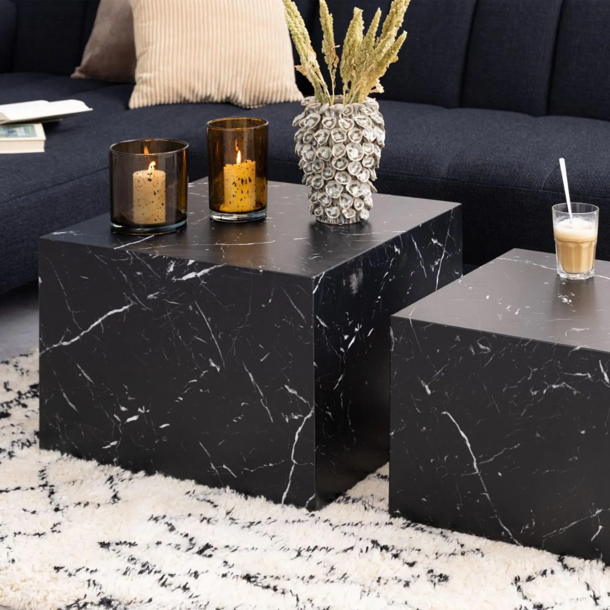 Dice Square Coffee Table Set of 2 - Black, Marble Effect
