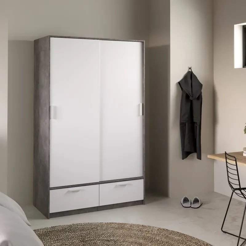 Line 2 Door 2 Drawer Sliding Wardrobe - White, Concrete