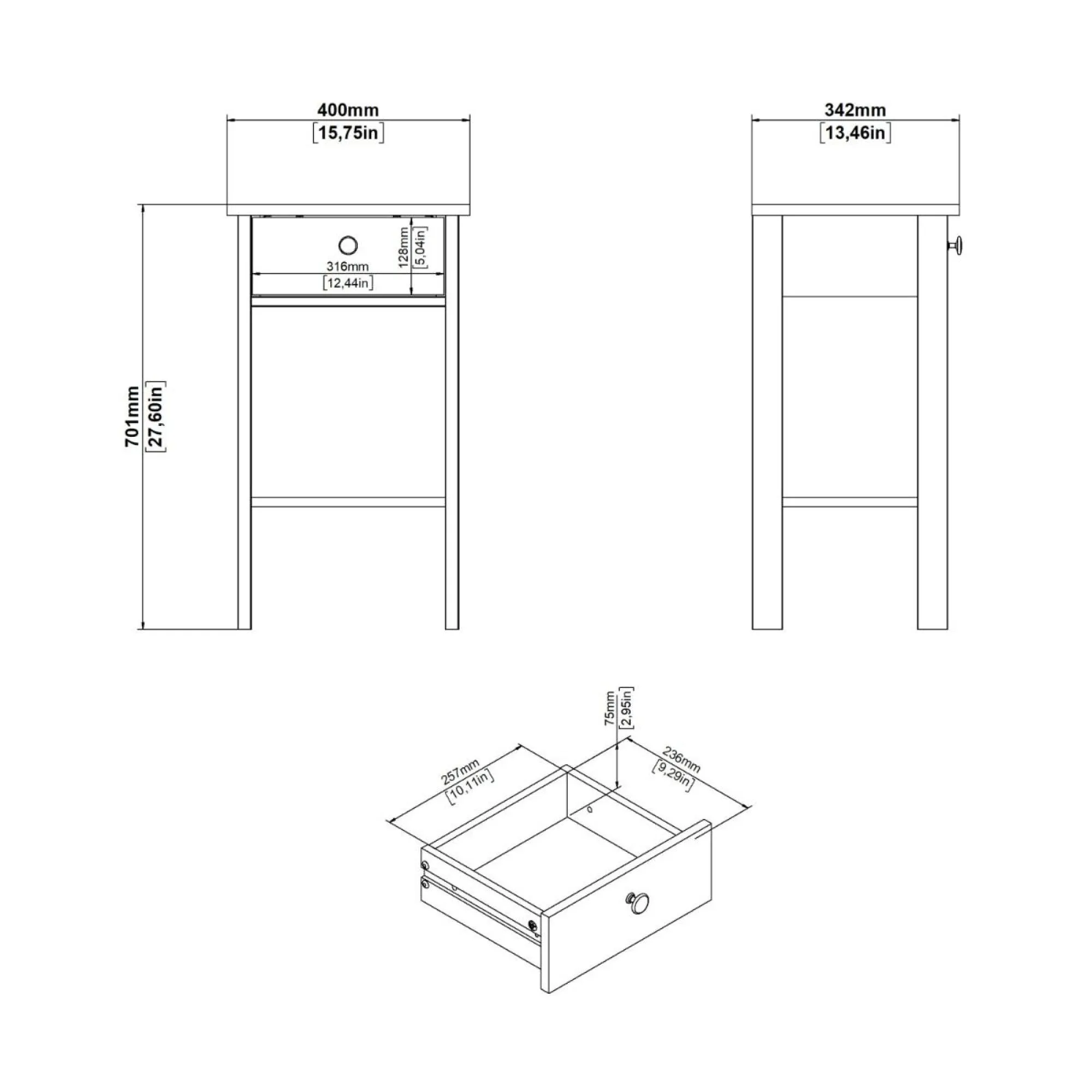 Madrid 1 Drawer Bedside Table - Matt Black