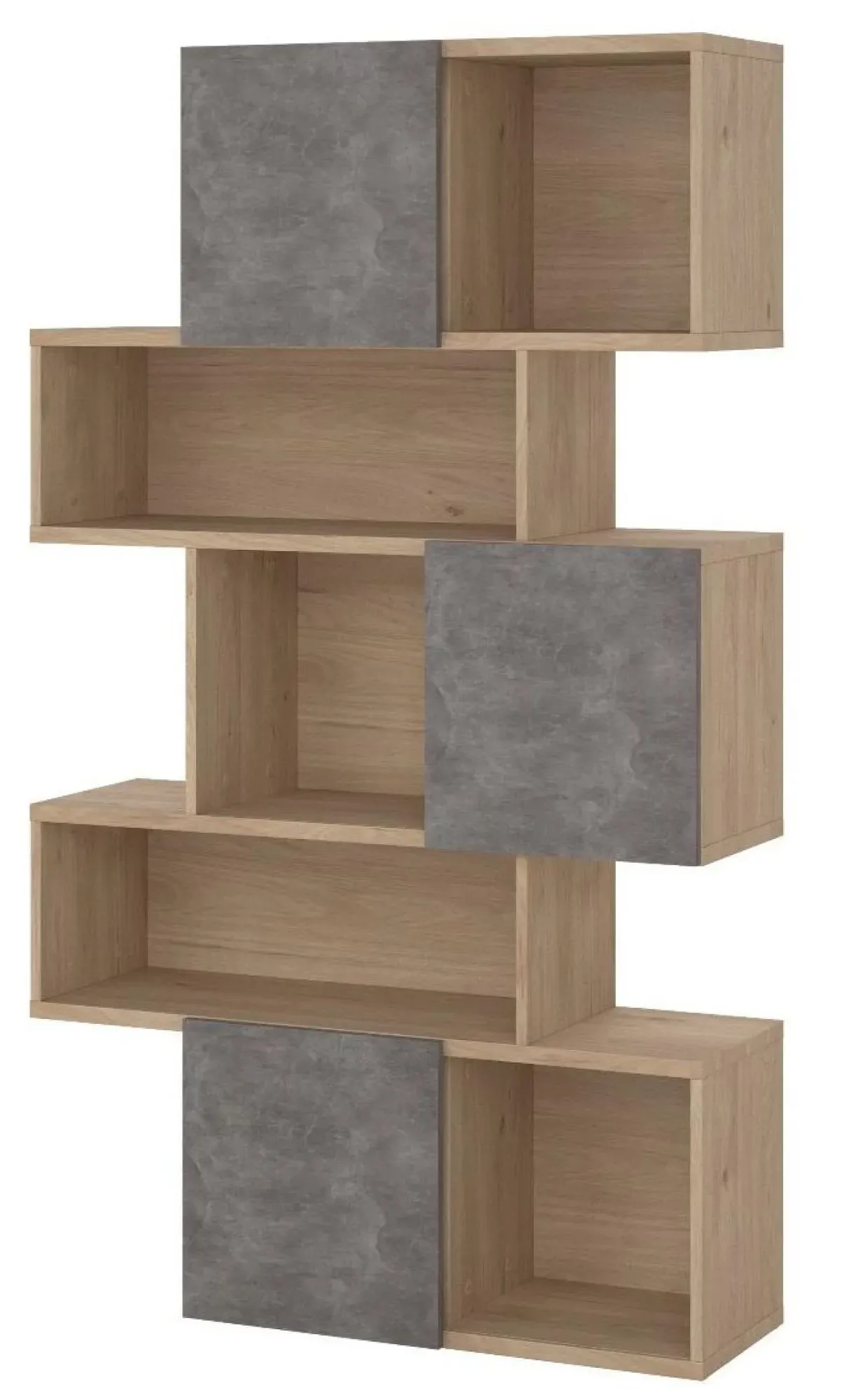 Maze Asymmetrical Bookcase - Oak, Concrete Effect