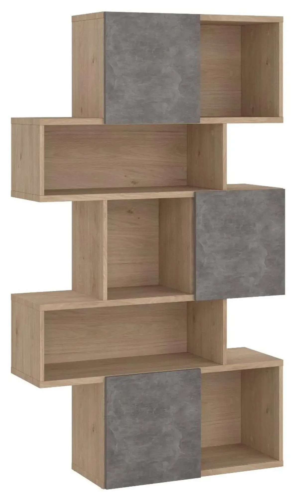 Maze Asymmetrical Bookcase - Oak, Concrete Effect