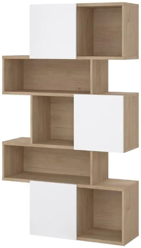 Maze Asymmetrical Bookcase - Oak, White Gloss