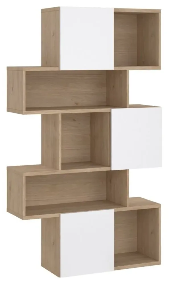 Maze Asymmetrical Bookcase - Oak, White Gloss