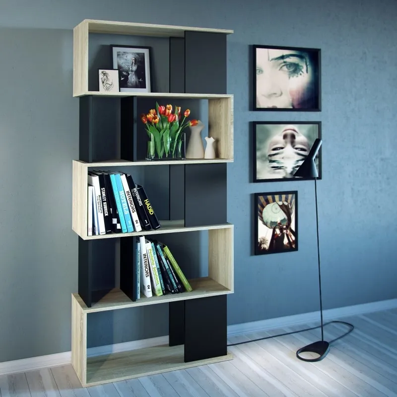 Maze Open Bookcase - Black, Oak Effect