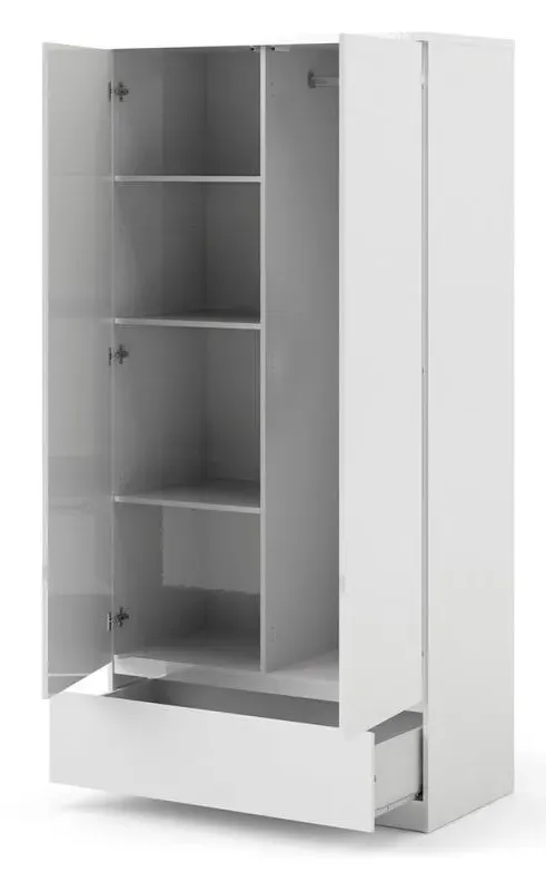 Naia 2 Door 1 Drawer Double Wardrobe - White, High Gloss