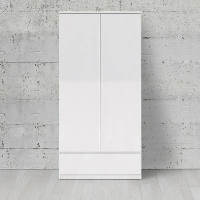 Naia 2 Door 1 Drawer Double Wardrobe - White, High Gloss