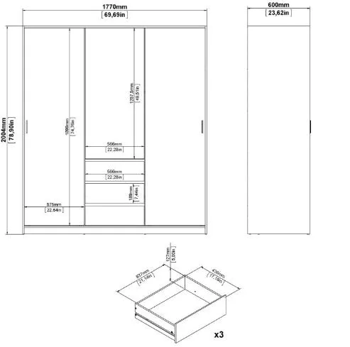 Naia 3 Door 3 Drawer Wardrobe - Oak