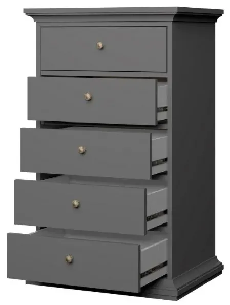 Paris 5 Drawer Narrow Chest - Grey