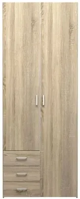 Space 2 Door Wardrobe with 3 Drawers - Oak