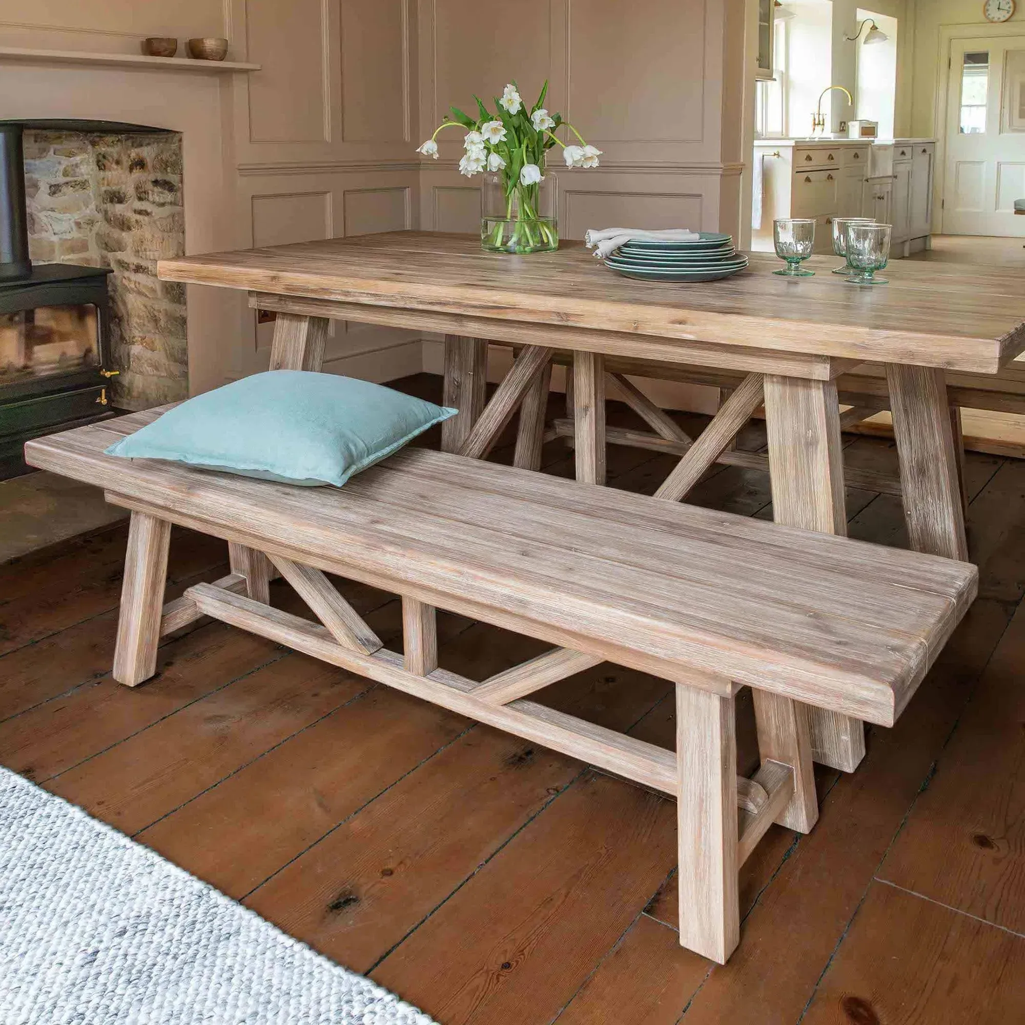 Chilford Small Outdoor Table and Bench Set - Natural, Solid Wood