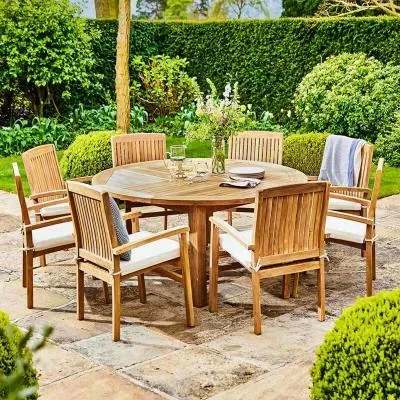 Churn Outdoor Teak Table and 8 Henley Stacking Chairs - Teak