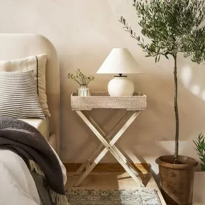 Wittering Rectangle Rattan Tray Table with Stand - White image