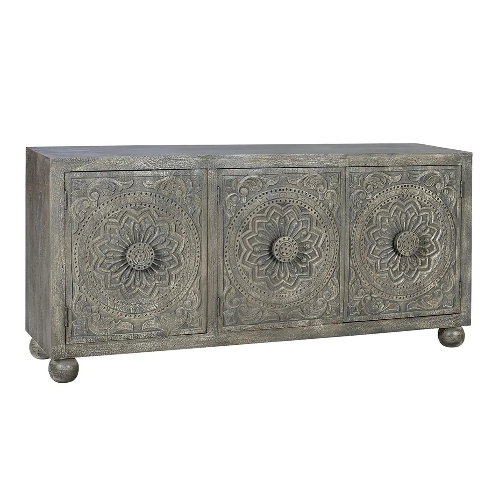 3 Door Large Sideboard - Spanish Grey, Carved Mango Wood