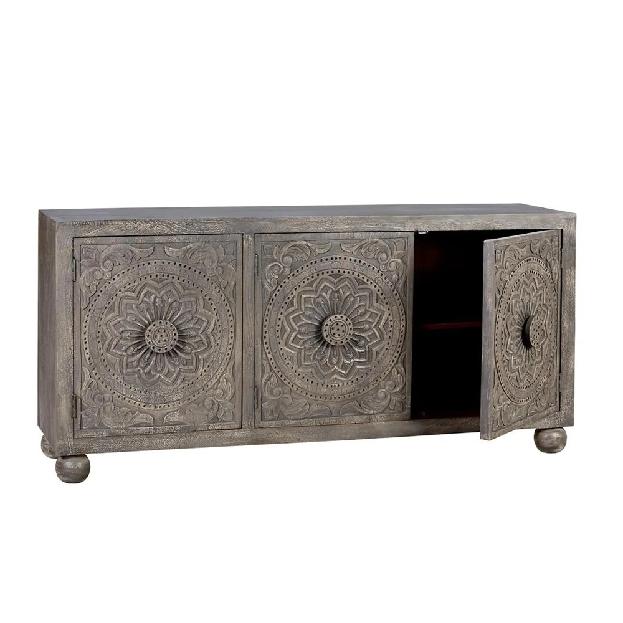 3 Door Large Sideboard - Spanish Grey, Carved Mango Wood