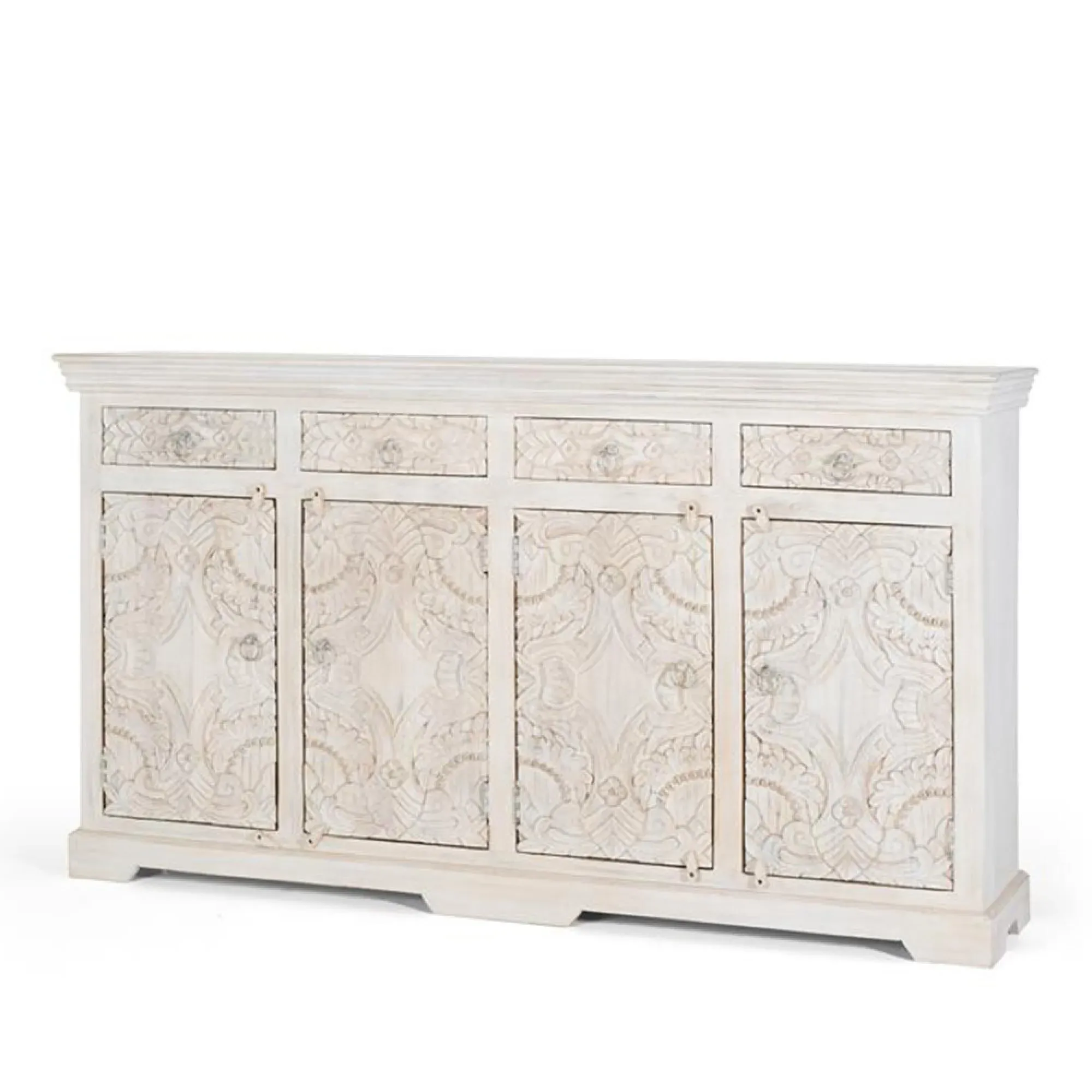 Arcova Carved 4 Door Sideboard - Antique White, Mango Wood