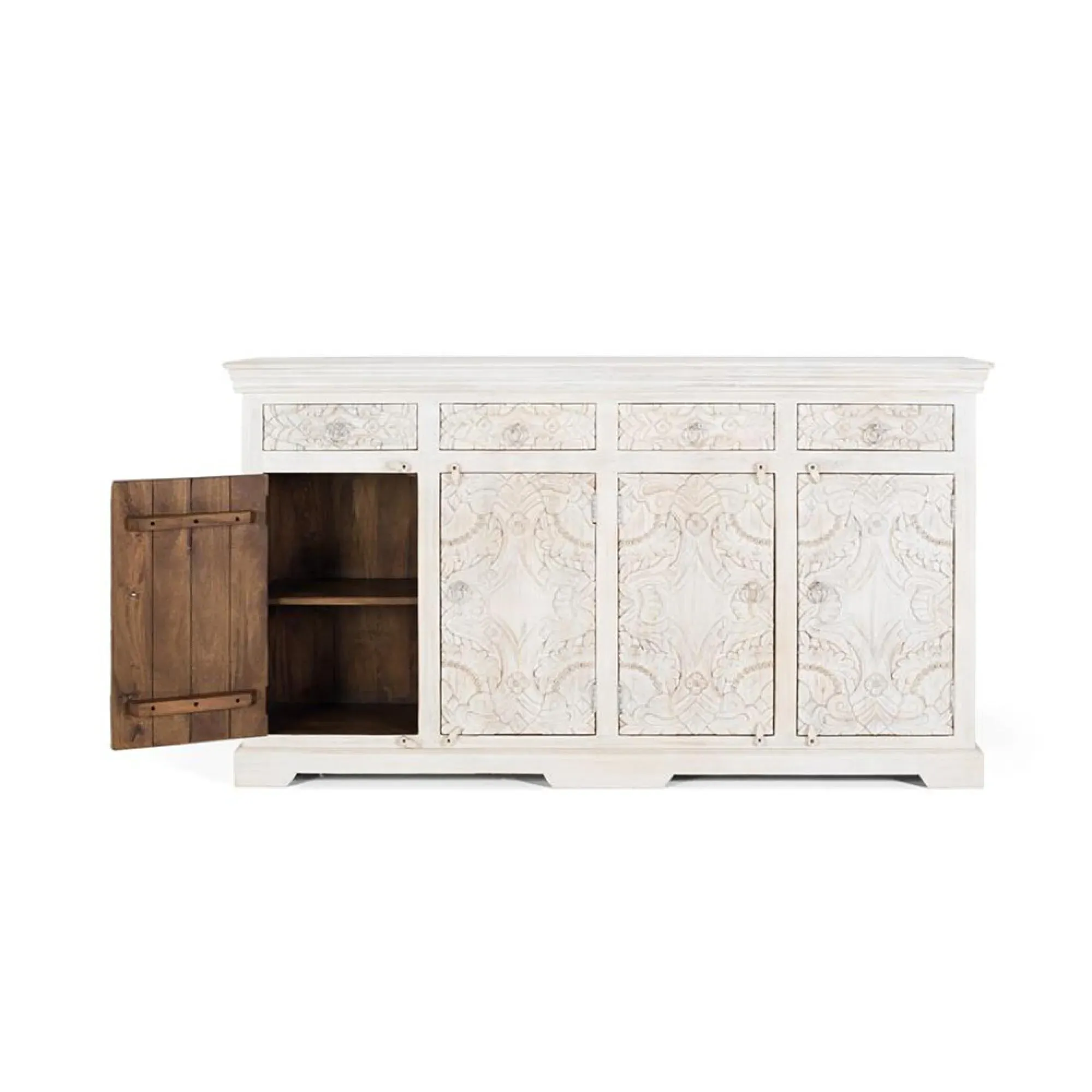 Arcova Carved 4 Door Sideboard - Antique White, Mango Wood