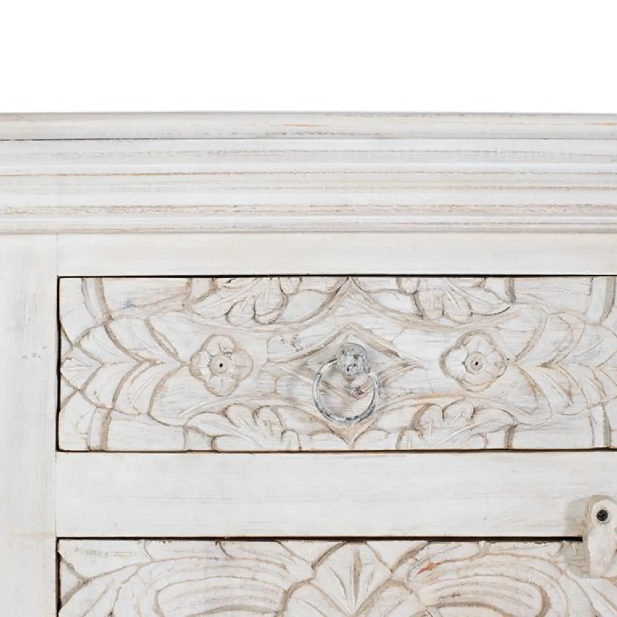 Arcova Carved 4 Door Sideboard - Antique White, Mango Wood