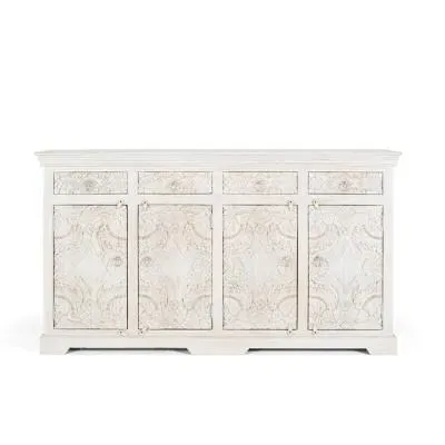 Arcova Carved 4 Door Sideboard - Antique White, Mango Wood