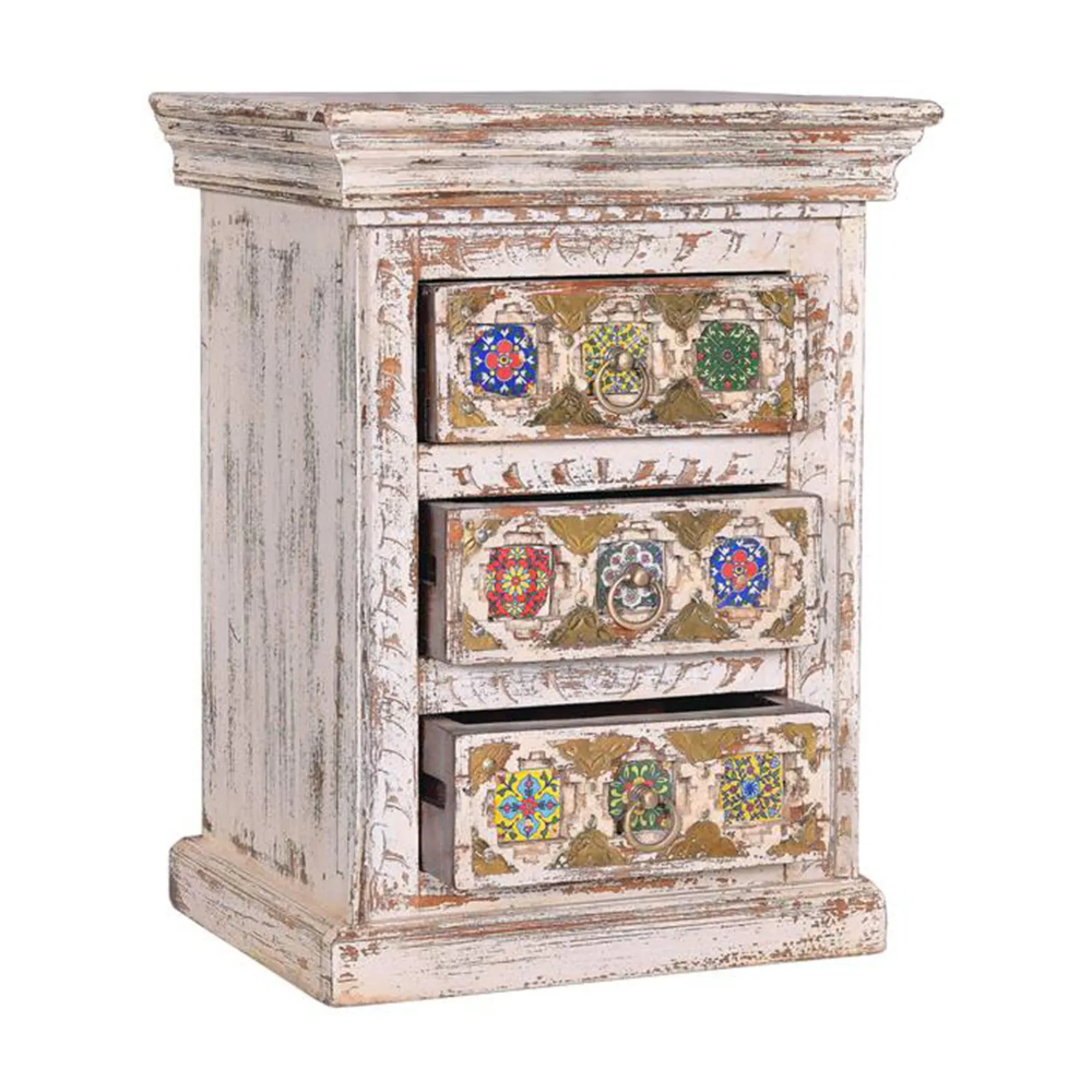 Awendaw 3 Drawer Bedside Cabinet - White Washed, Mango Wood