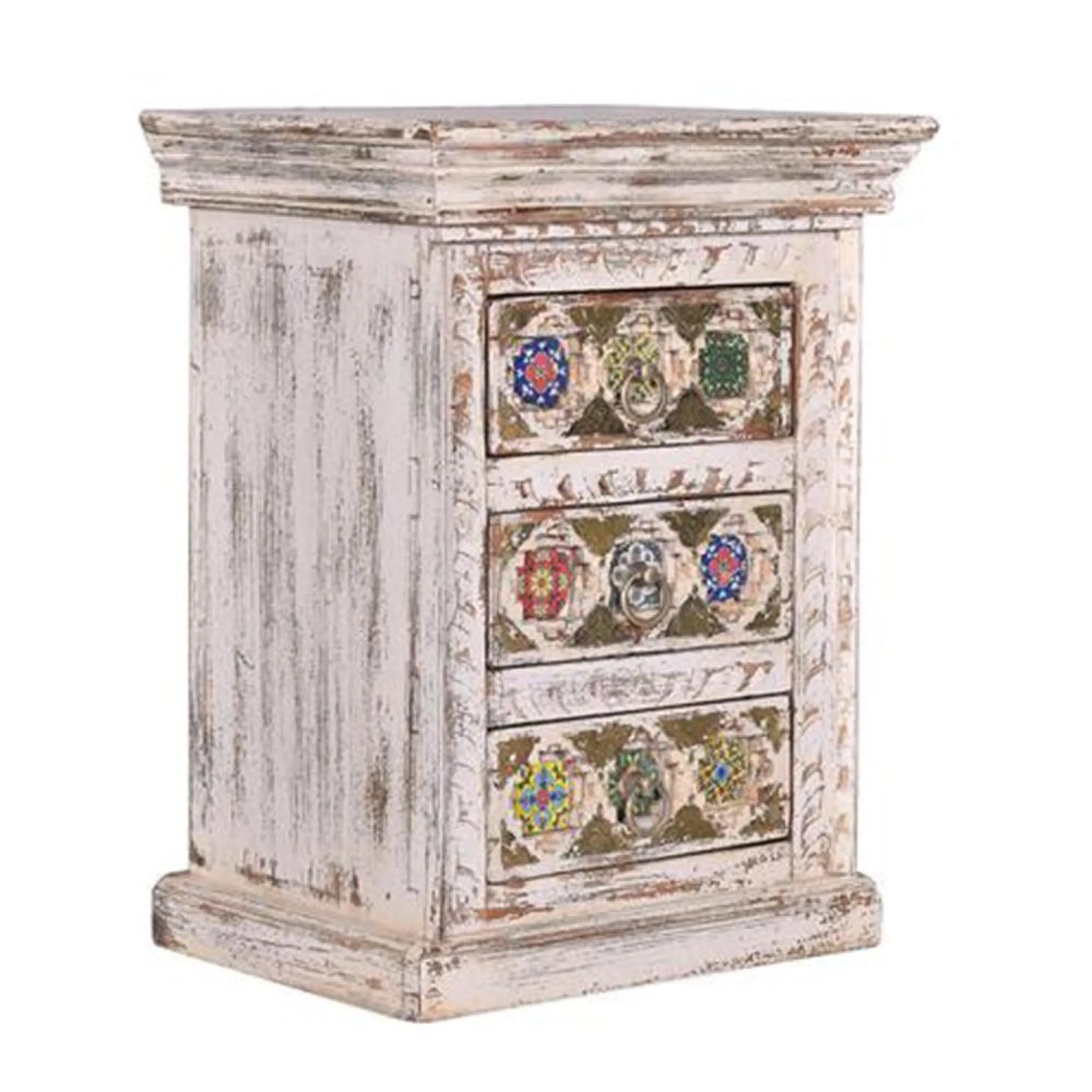 Awendaw 3 Drawer Bedside Cabinet - White Washed, Mango Wood