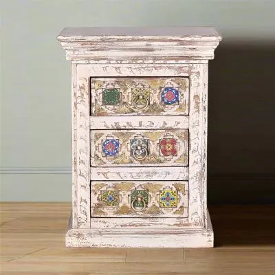 Awendaw 3 Drawer Bedside Cabinet - White Washed, Mango Wood