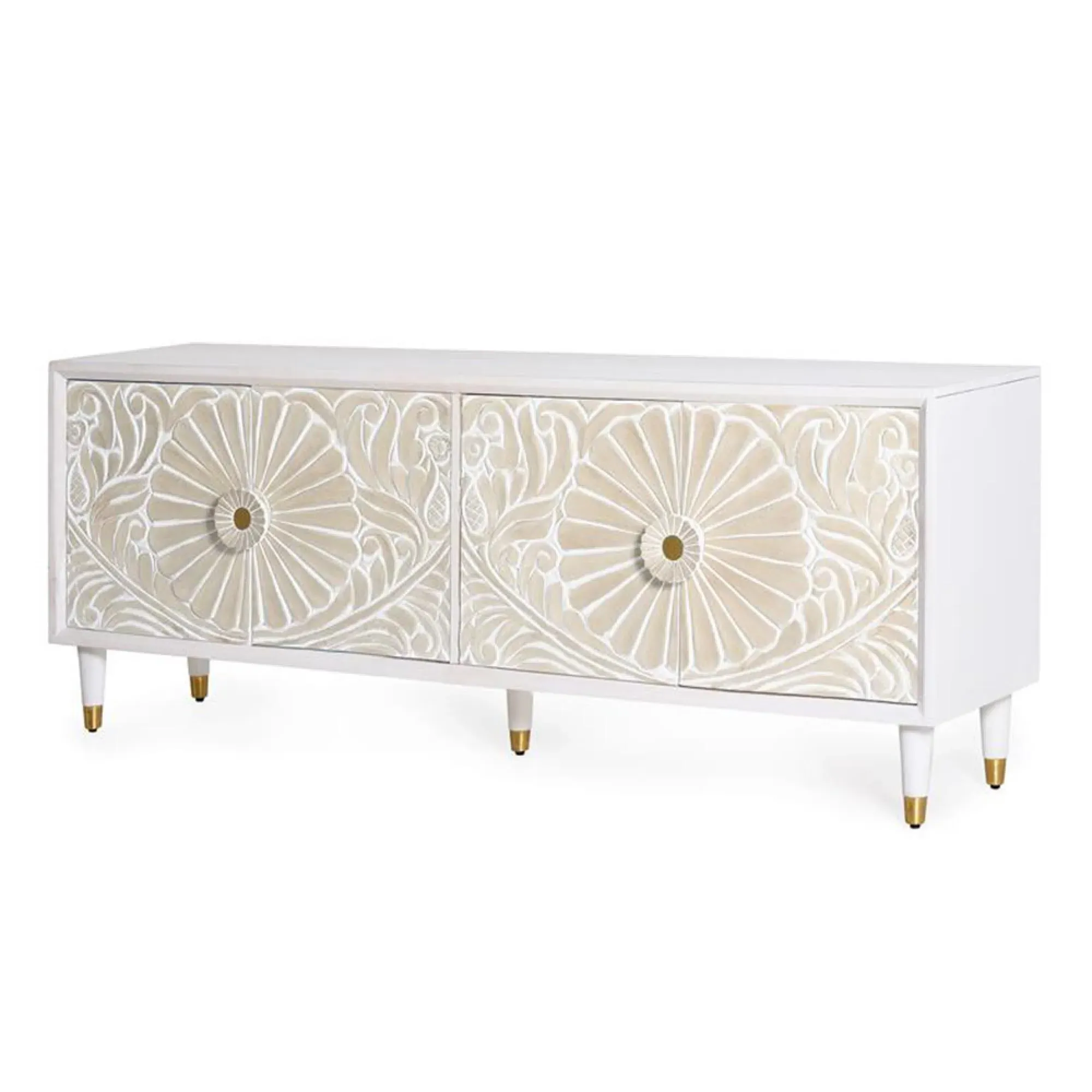 Dover 4 Door Large TV Unit with Carved Details - White, Mango Wood