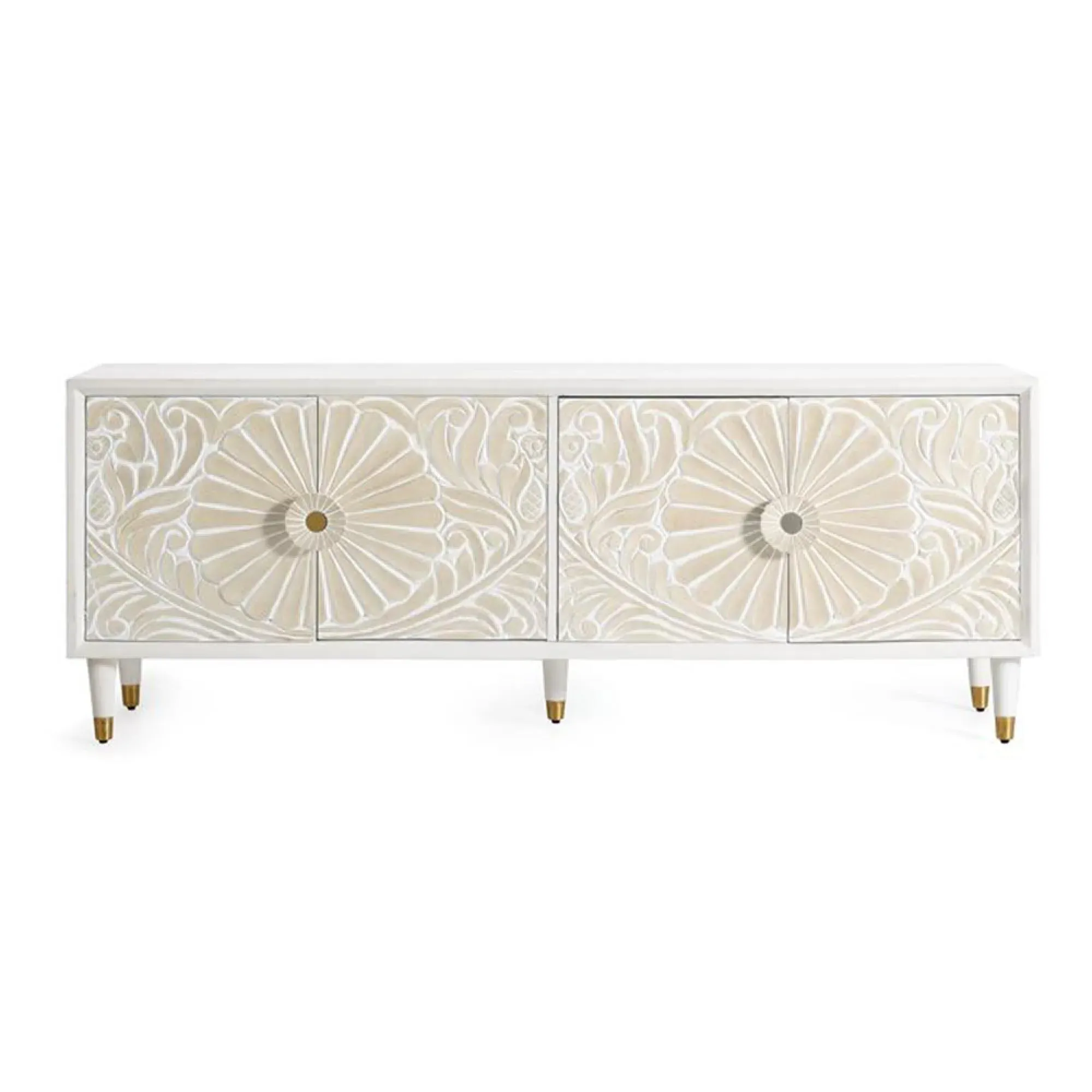Dover 4 Door Large TV Unit with Carved Details - White, Mango Wood