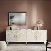 Dover 4 Door Large TV Unit with Carved Details - White, Mango Wood