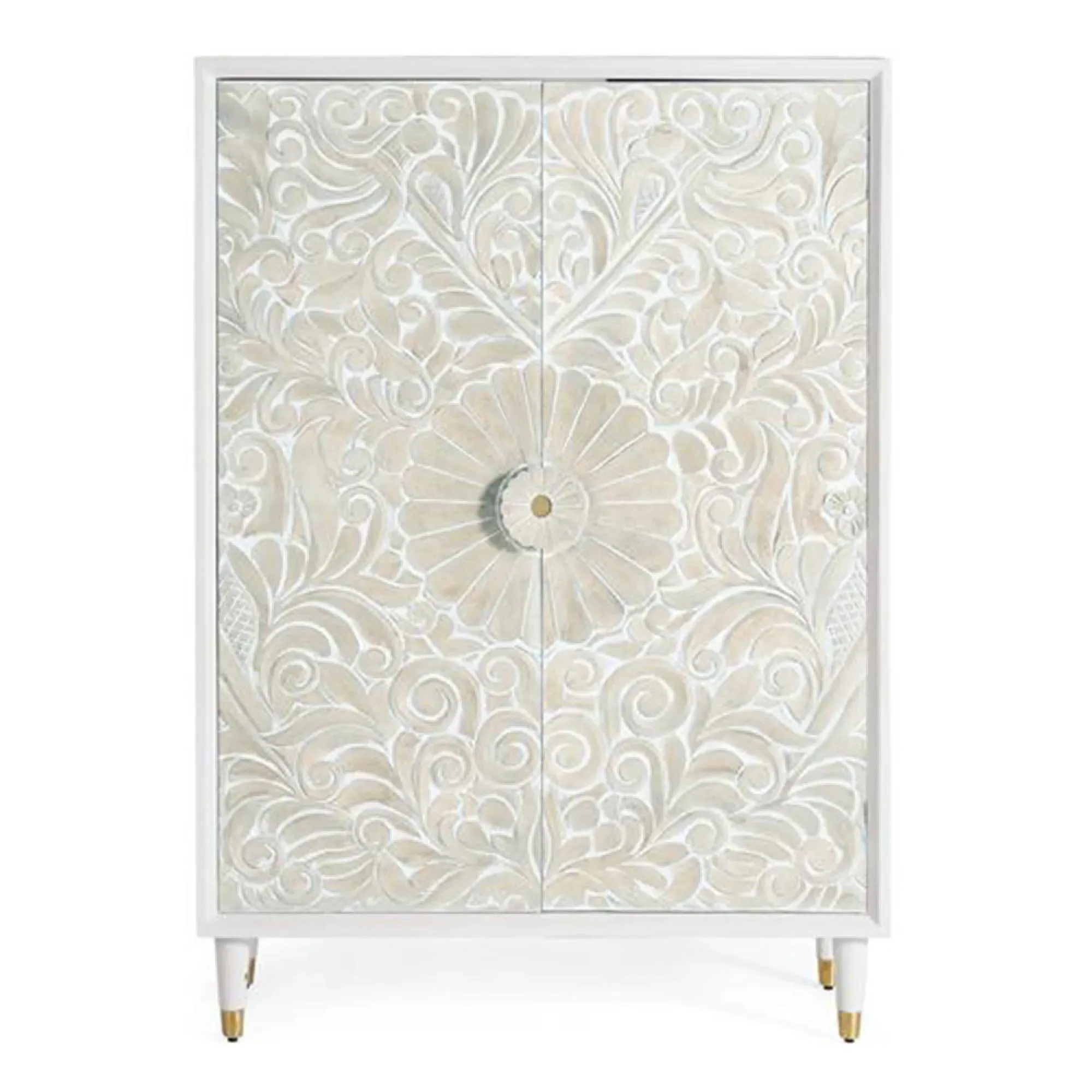 Dover Carved 2 Door Cabinet - White, Mango Wood