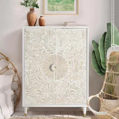 Dover Carved 2 Door Cabinet - White, Mango Wood