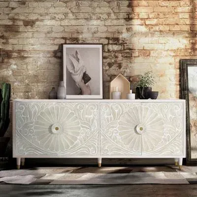 Dover Carved 4 Door Sideboard - White, Mango Wood